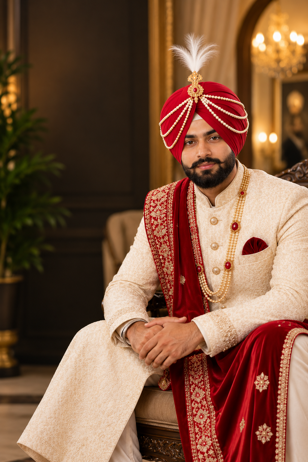 Regal Groom Portrait in Warm Wedding Ambience